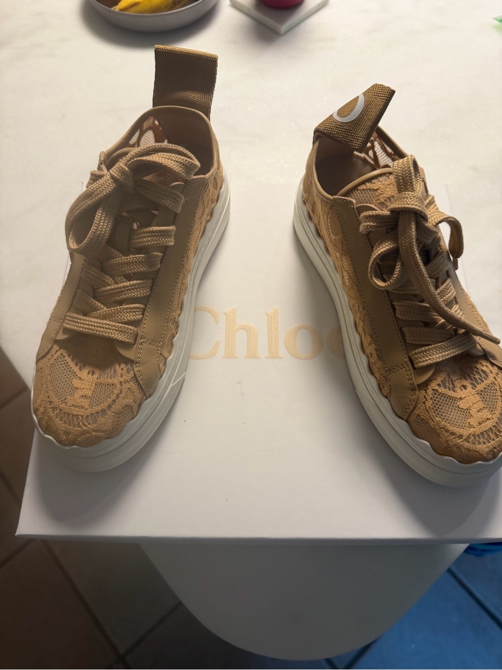 Chloe Beige Lace-Trim Platform Sneakers